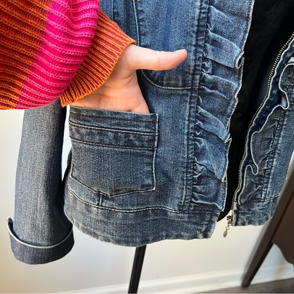 Ruffled Front Denim Jacket - Dark Blue - L - Picture 5 of 8